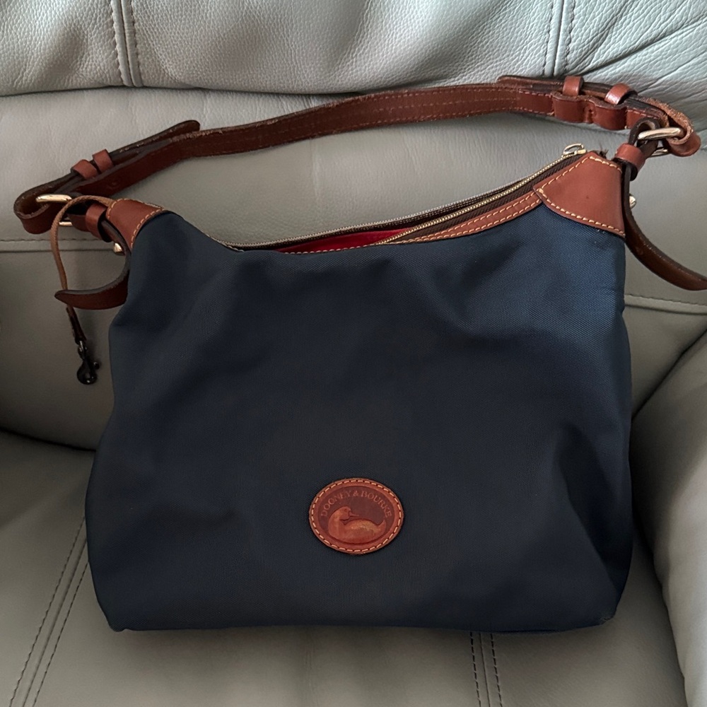 Dooney & Bourke Navy Nylon Shoulder Bag with Brown Leather Trim